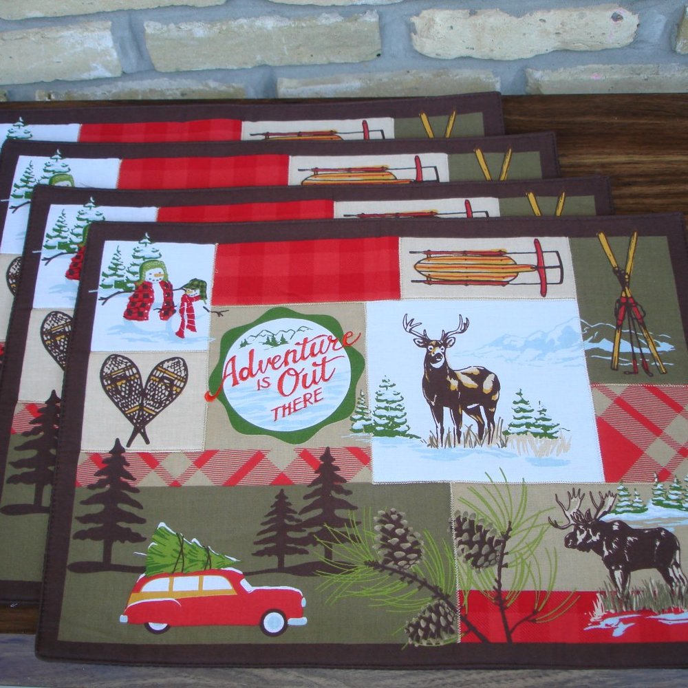 NEW Set of 4 Placemats "Adventure is Out There" Winter Snow Lodge Cabin Travel
